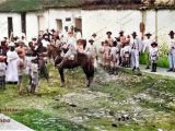 Carnavales de la Guarenas de antaño en la calle Régulo Fránquiz, frente a la Plaza Bolívar, década de 1920. Al fondo, esquina de la calle Bolívar. Fotografía restaurada y coloreada digitalmente por Campanario Urbano.