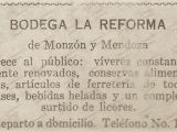 Pauta publicitaria en Guarenas, Bodega La Reforma, de los señores Ramón Monzón y Delfín Mendoza, año 1936.