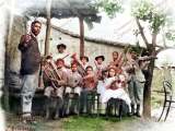 La Orquesta Canónico, integrada por su director Agustín Canónico, y sus hijos Manuel José, Celso Agustín, Cruz Augusto, Benito, Carmen Amelia, Teolinda, Herminia, y la Doña de la casa, María de la Cruz Carballo de Canónico. Al centro, ejecutando el cuatro venezolano, el niño Benito Canónico. Guarenas, año 1901. Fotografía restaurada y coloreada digitalmente por Campanario Urbano.