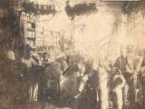 Pulpería del Señor Jesús María Báez sentado a la izquierda. Además, vemos a Francisco Delfín García, al niño José María García y al Señor Tiburcio Cabriles. Inmediaciones de las calles José Félix Ribas y Cedeño, Pueblo Arriba de Guarenas, año 1903.