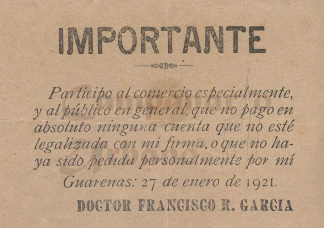 Nota del Doctor Francisco Rafael García Año 1921