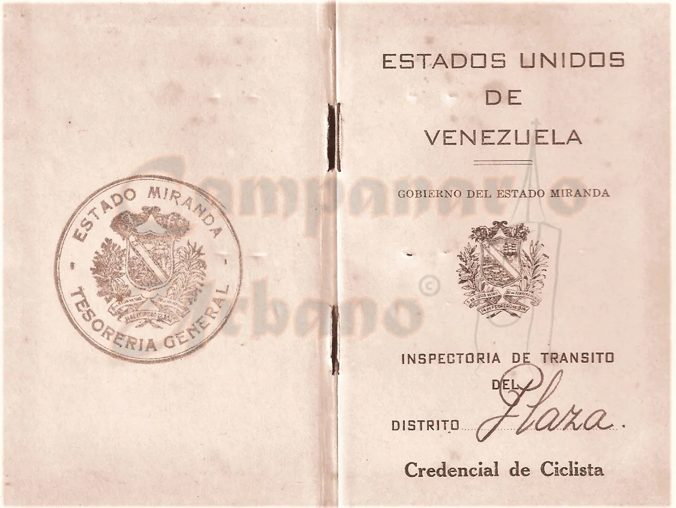 Credencial de ciclista para poder manejar la bicicleta en Guarenas, emitida por los Estados Unidos de Venezuela, Gobierno del Estado Miranda, Inspectoría de Tránsito del Distrito Plaza en Guarenas, 20 de junio de 1950