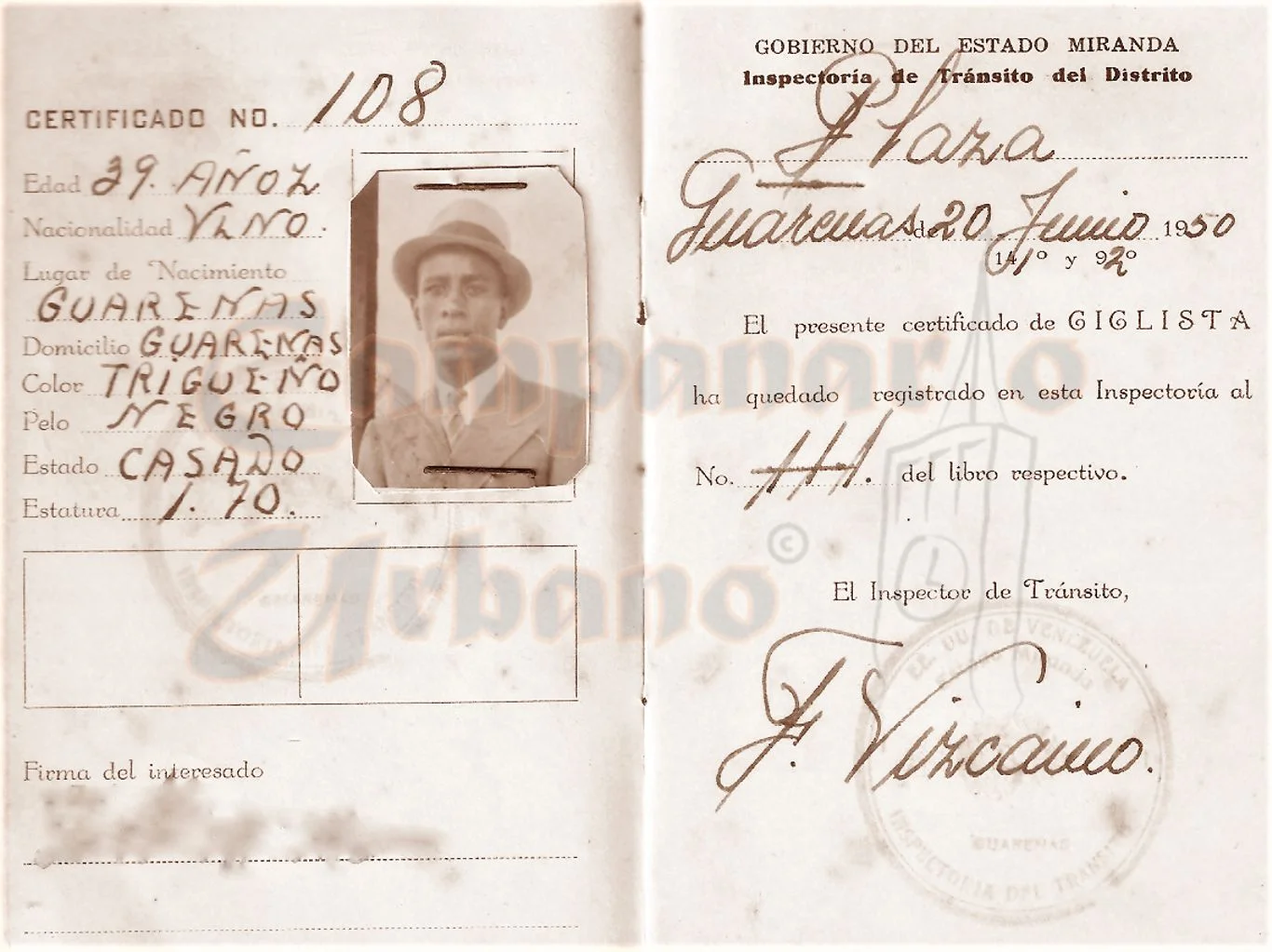 Credencial de ciclista para poder manejar la bicicleta en Guarenas, emitida por los Estados Unidos de Venezuela, Gobierno del Estado Miranda, Inspectoría de Tránsito del Distrito Plaza en Guarenas, 20 de junio de 1950