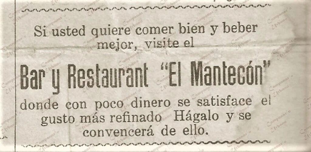 Pauta publicitaria en Guarenas, Bar Restaurant El Mantecón, año 1936.