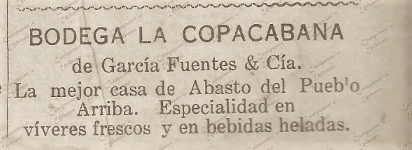 Pauta publicitaria en Guarenas, Bodega La Copacabana, de García Fuentes, año 1936.