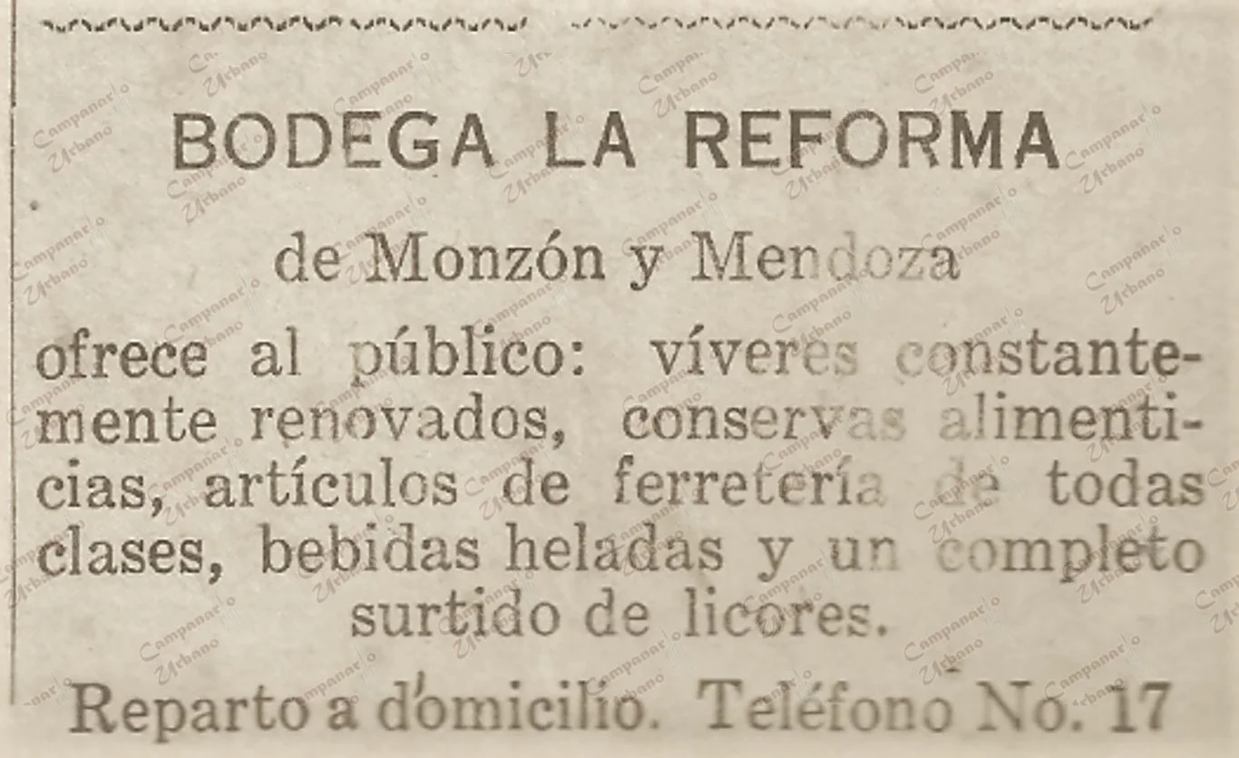 Pauta publicitaria en Guarenas, Bodega La Reforma, de los señores Ramón Monzón y Delfín Mendoza, año 1936.