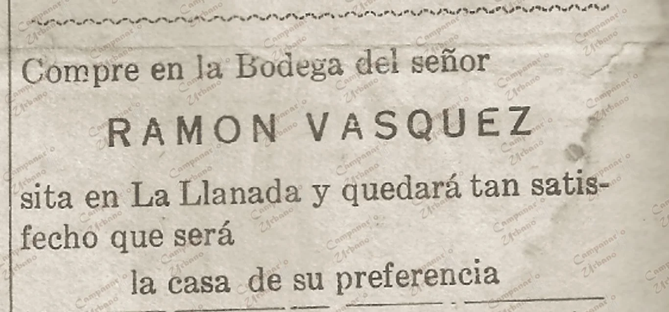Pauta publicitaria en Guarenas, Bodega del Señor Ramón Vásquez, año 1936.