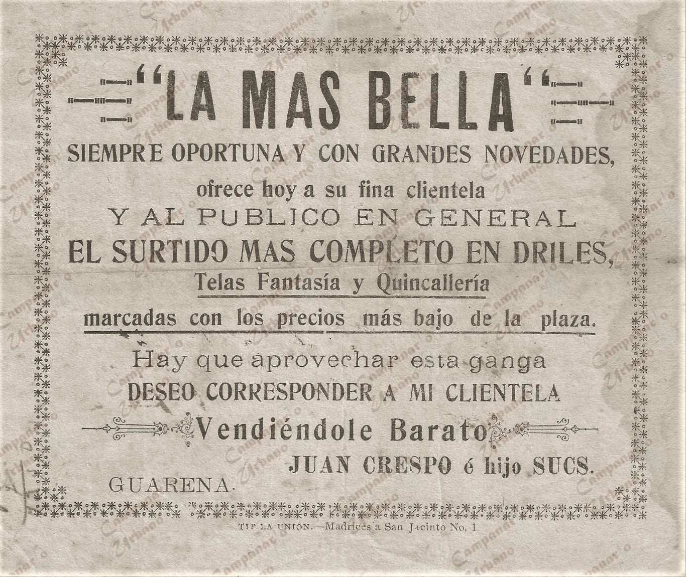 Pauta publicitaria en Guarenas, Tienda La Más Bella, del Señor Juan Crespo, año 1936.