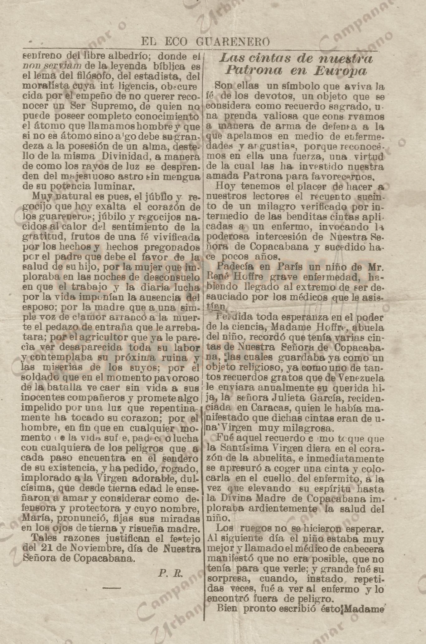 Periódico "El Eco Guarenero", edición 34, 21 de noviembre de 1913, Guarenas. Las Cintas de Nuestra Patrona en Europa