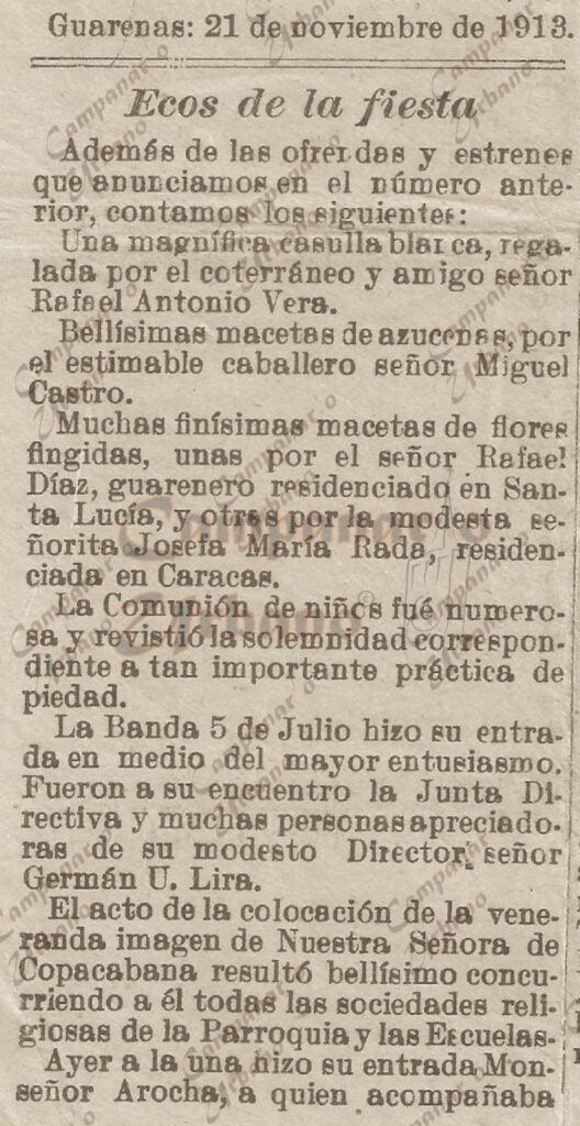 Semanario "El Eco Guarenero" y las fiestas patronales de Guarenas el 21 de noviembre de 1913