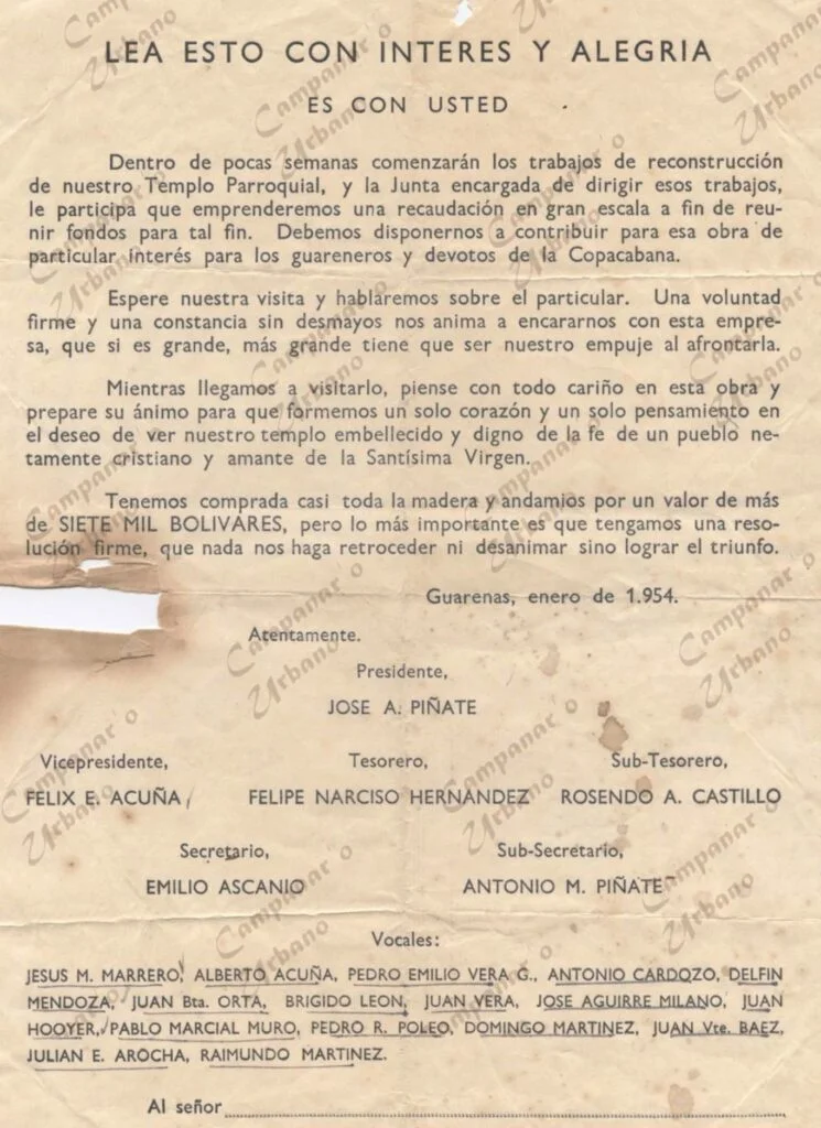 Carta de la Junta Pro Templo de Guarenas, entregada en enero de 1954 para la recaudación de fondos destinados a la remodelación de la Iglesia Nuestra Señora de Copacabana