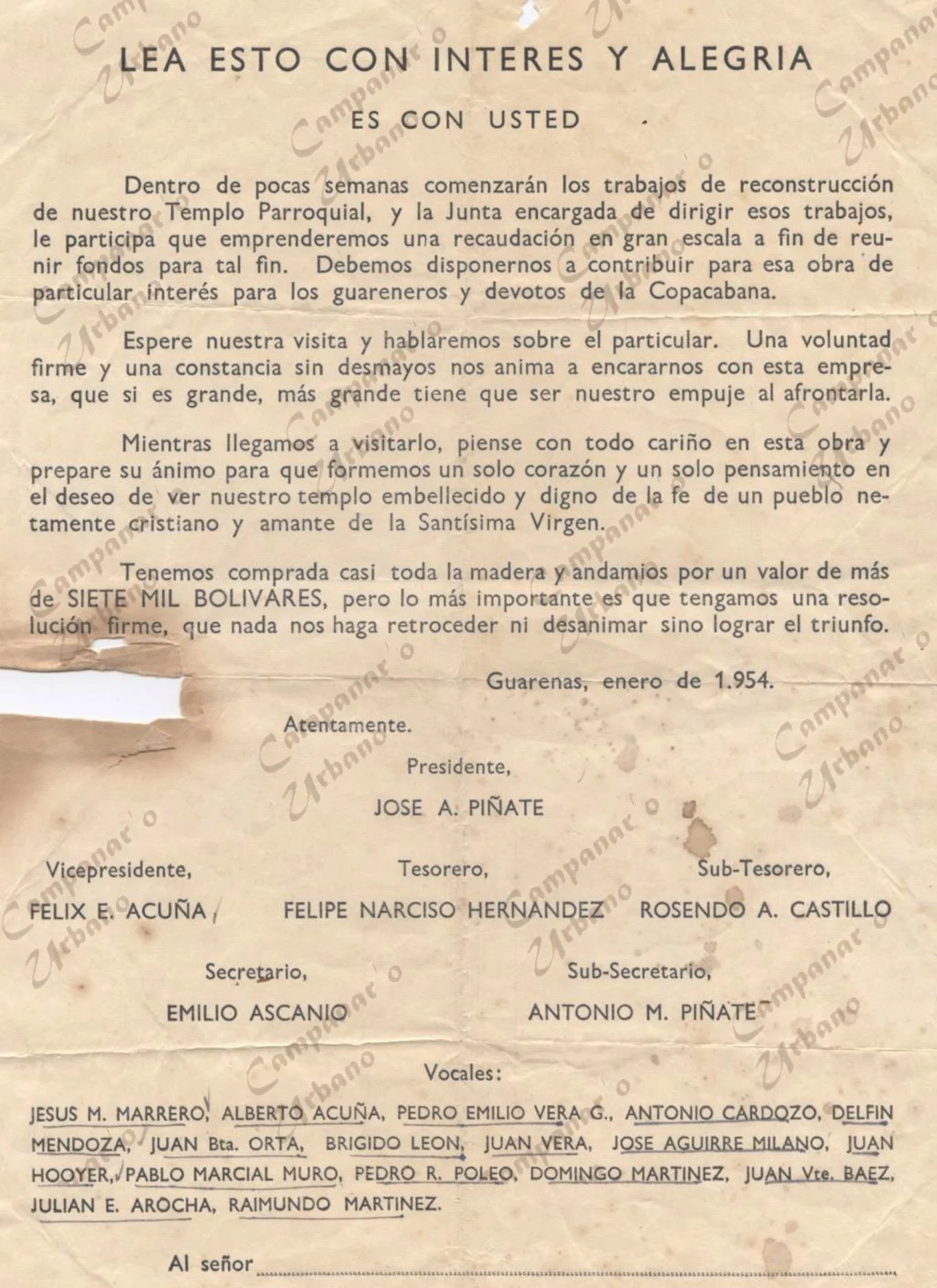 Carta de la Junta Pro Templo de Guarenas, entregada en enero de 1954 para la recaudación de fondos destinados a la remodelación de la Iglesia Nuestra Señora de Copacabana