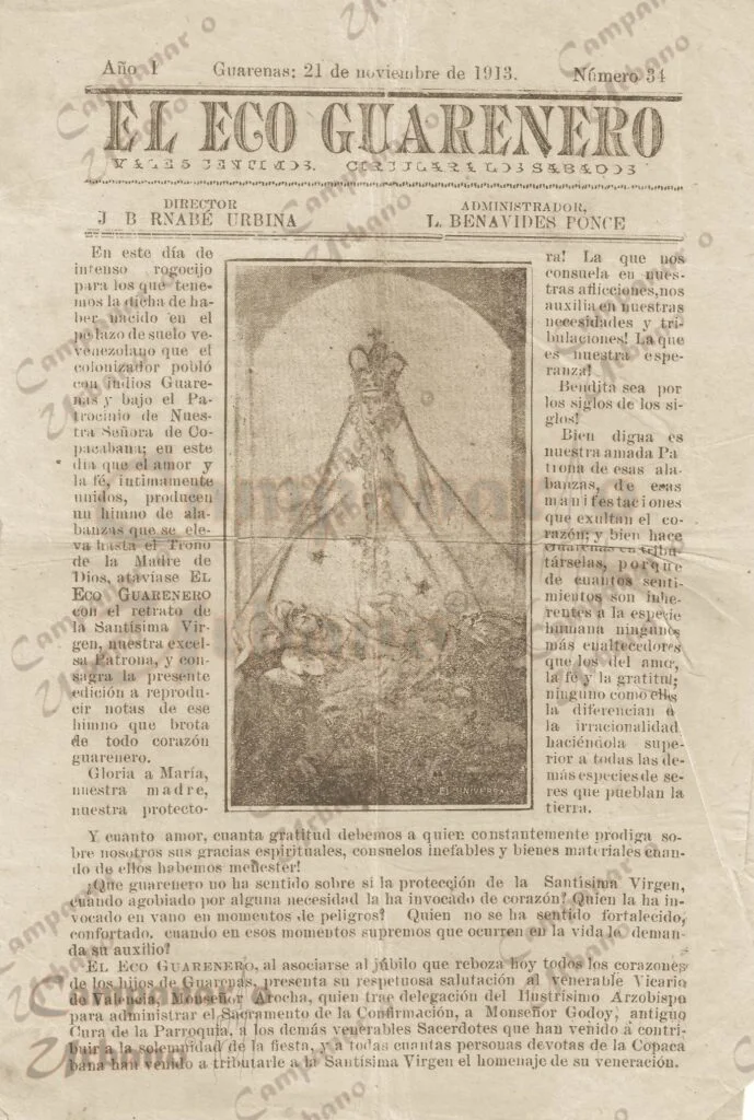 El Eco Guarenero, circulación 05/04/1913 - 24/01/1914, Director José Bernabé Urbina Muñoz (1873-1954), Administrador E. Benavides Ponce, precio 5 céntimos, formato 16.5 cm x 24 cm, 4 páginas.