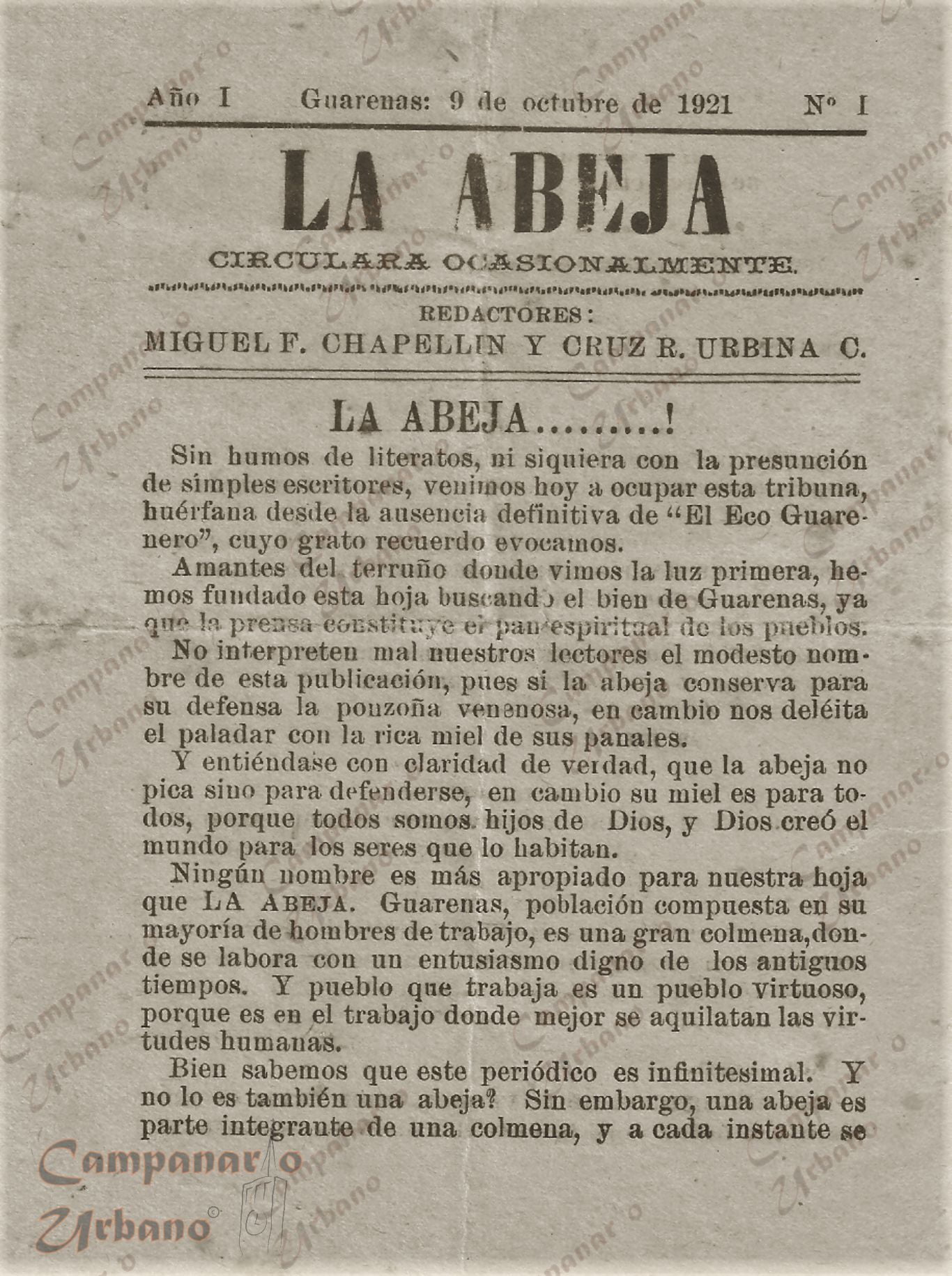 Noticioso "La Abeja", primera edición. Redactores: Cruz Ramón Urbina Camacho y Miguel F. Chapellín. Guarenas, 9 de octubre de 1921.