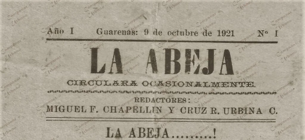 Noticioso "La Abeja", primera edición. Redactores: Cruz Ramón Urbina Camacho y Miguel F. Chapellín. Guarenas, 9 de octubre de 1921.