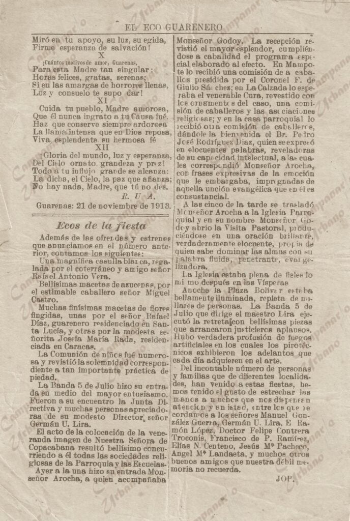 Semanario El Eco Guarenero, edición 34 del 21 de noviembre de 1913, dirigido por José Bernabé Urbina. En este fragmento del semanario se detallan los pormenores de las Fiestas Patronales de Guarenas de ese año.