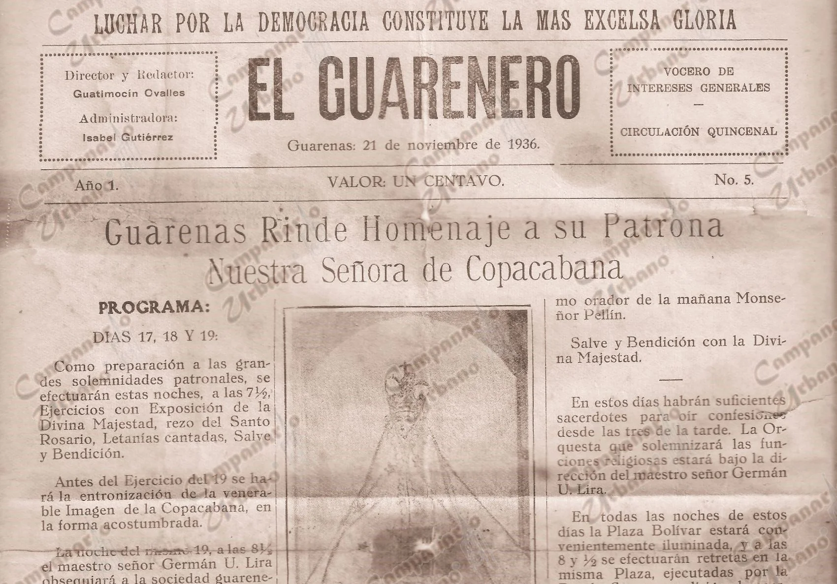 Impreso quincenal "El Guarenero", edición 5 del 21 de noviembre de 1936, con información del programa para la festividad de Nuestra Señora de Copacabana de Guarenas de ese año.