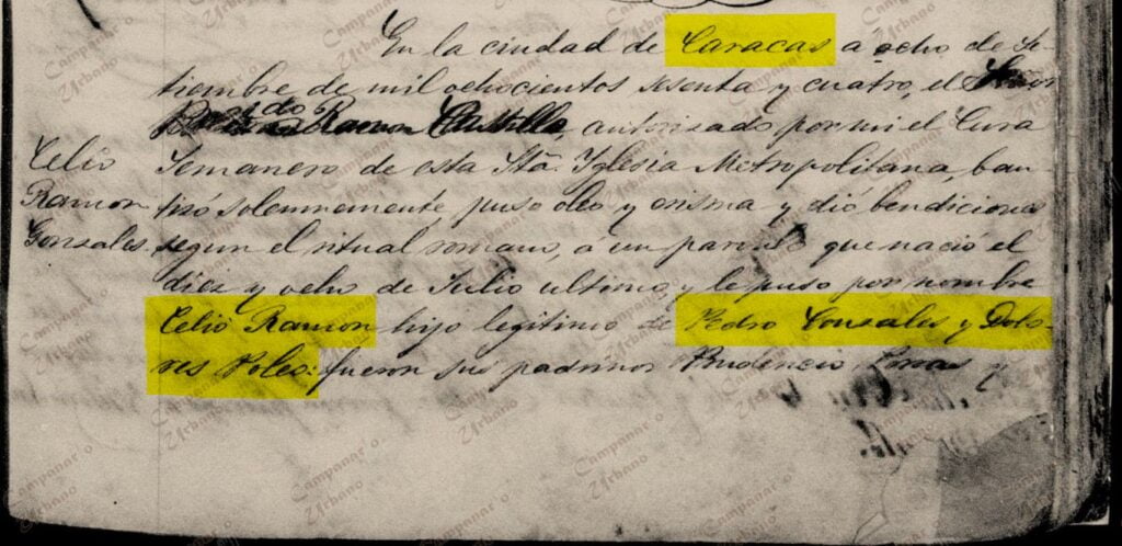 Fe de bautismo de Celio Ramón González Poleo, nacido en Caracas el 18 de julio de 1864. Hijo legítimo de Pedro José González Vera y Dolores Poleo.