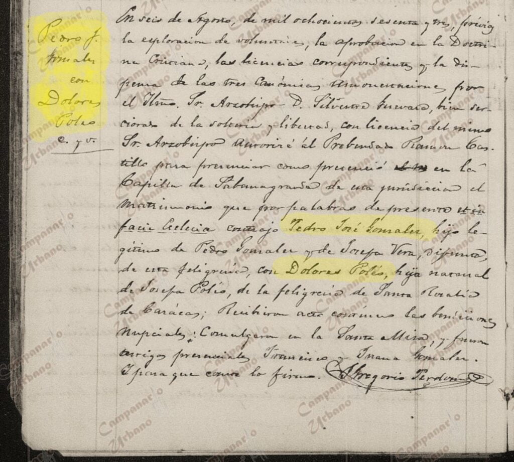 Acta de matrimonio de Pedro José González y Dolores Poleo, celebrado en Caracas el 6 de agosto de 1863.