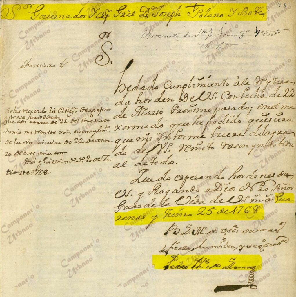Relación individual de Guarenas y Guatire. Oficio de remisión redactado por Pedro Felipe de Ibarra, dirigido al Gobernador de la Provincia de Venezuela, Capitán General José Solano y Bote. Guarenas, 25 de junio de 1768.