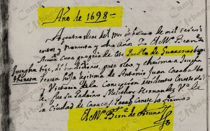 Fe de bautismo del pueblo de Guarenas. Cura propietario Bernabé Acuña. Año 1698.