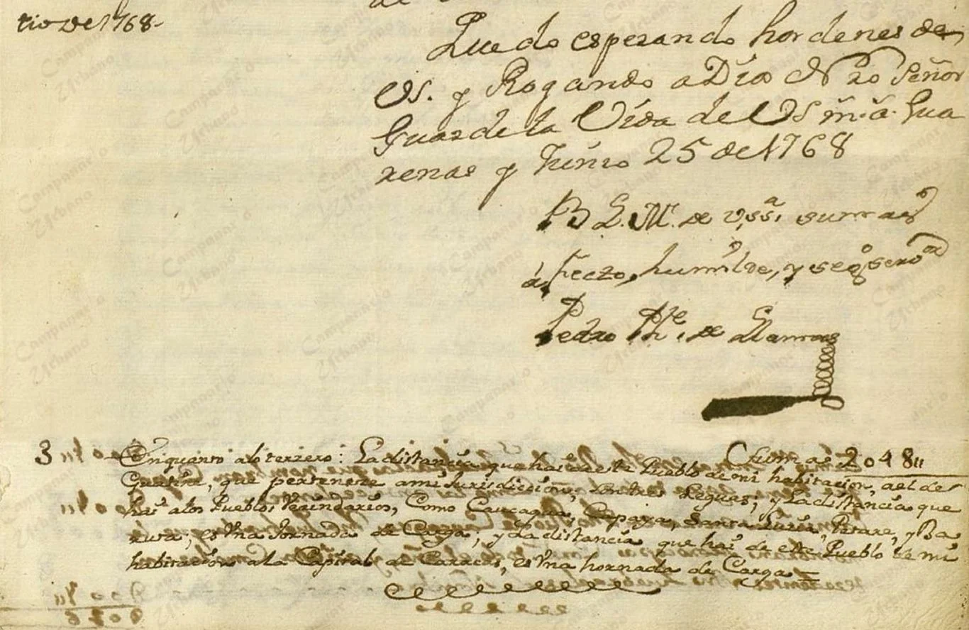 Extracto de oficio fechado el 25 de junio de 1768, redactado por Pedro Felipe de Ibarra y dirigido al Gobernador de la Provincia de Venezuela, Capitán General José Solano y Bote, en donde se mencionan las distancias en la Guarenas de antaño, así como los tiempos de traslado desde Guarenas.