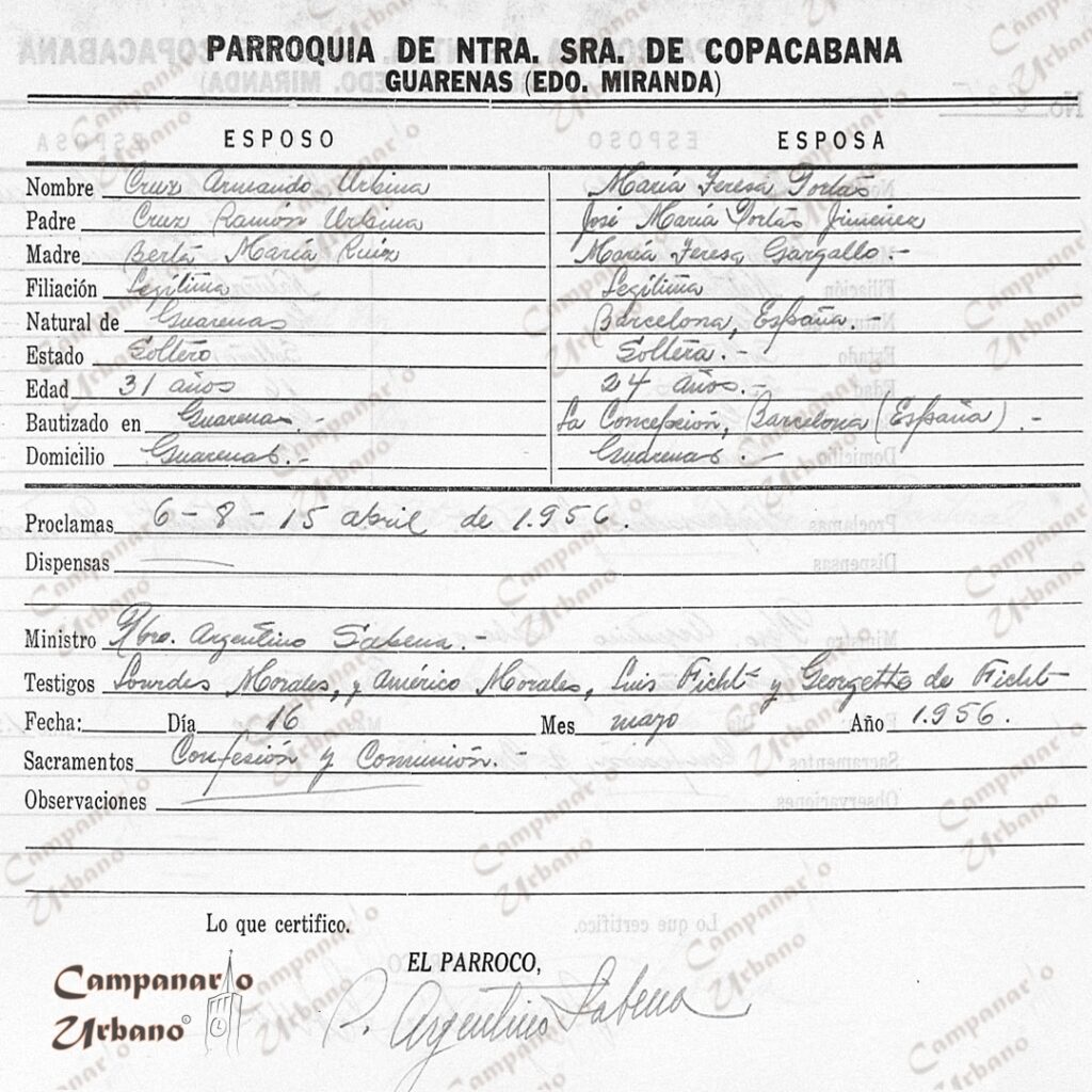 Acta de matrimonio de Armando Urbina y María Teresa Portas, 16 de mayo de 1956, Parroquia de Nuestra Señora de Copacabana de Guarenas.