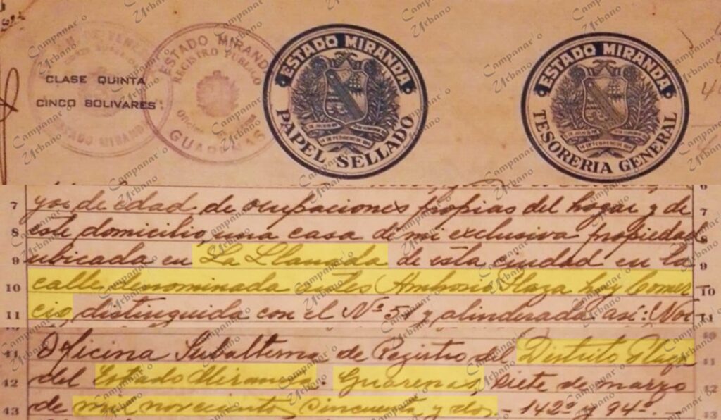 Fragmento de documento del Registro del Distrito Plaza, año 1952, donde se especifica que la calle Comercio de Guarenas se denominaba Ambrosio Plaza.