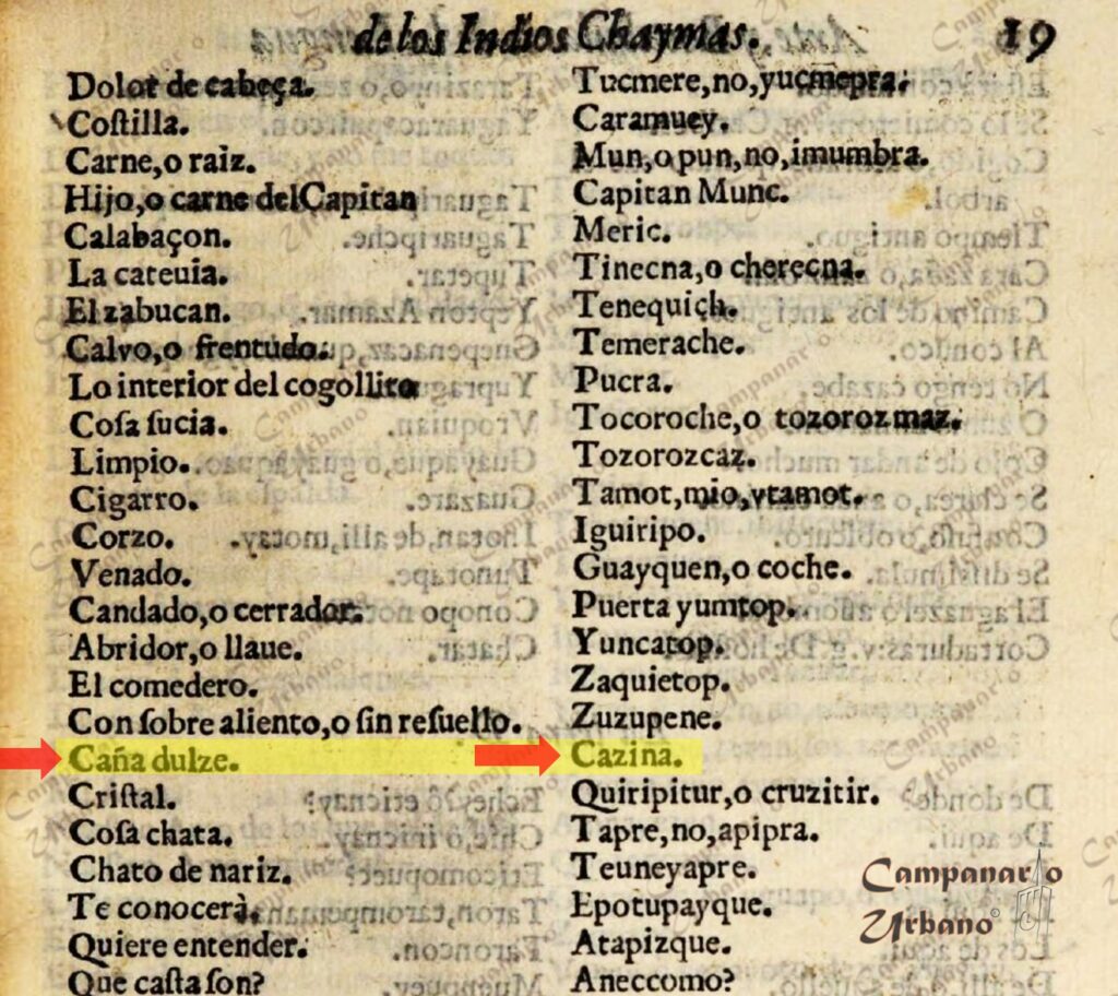 Libro «Arte y Vocabulario de la Lengua de los Indios Chaimas» de Fray Francisco de Tauste. «Caña dulce se traduce como «Cazina».