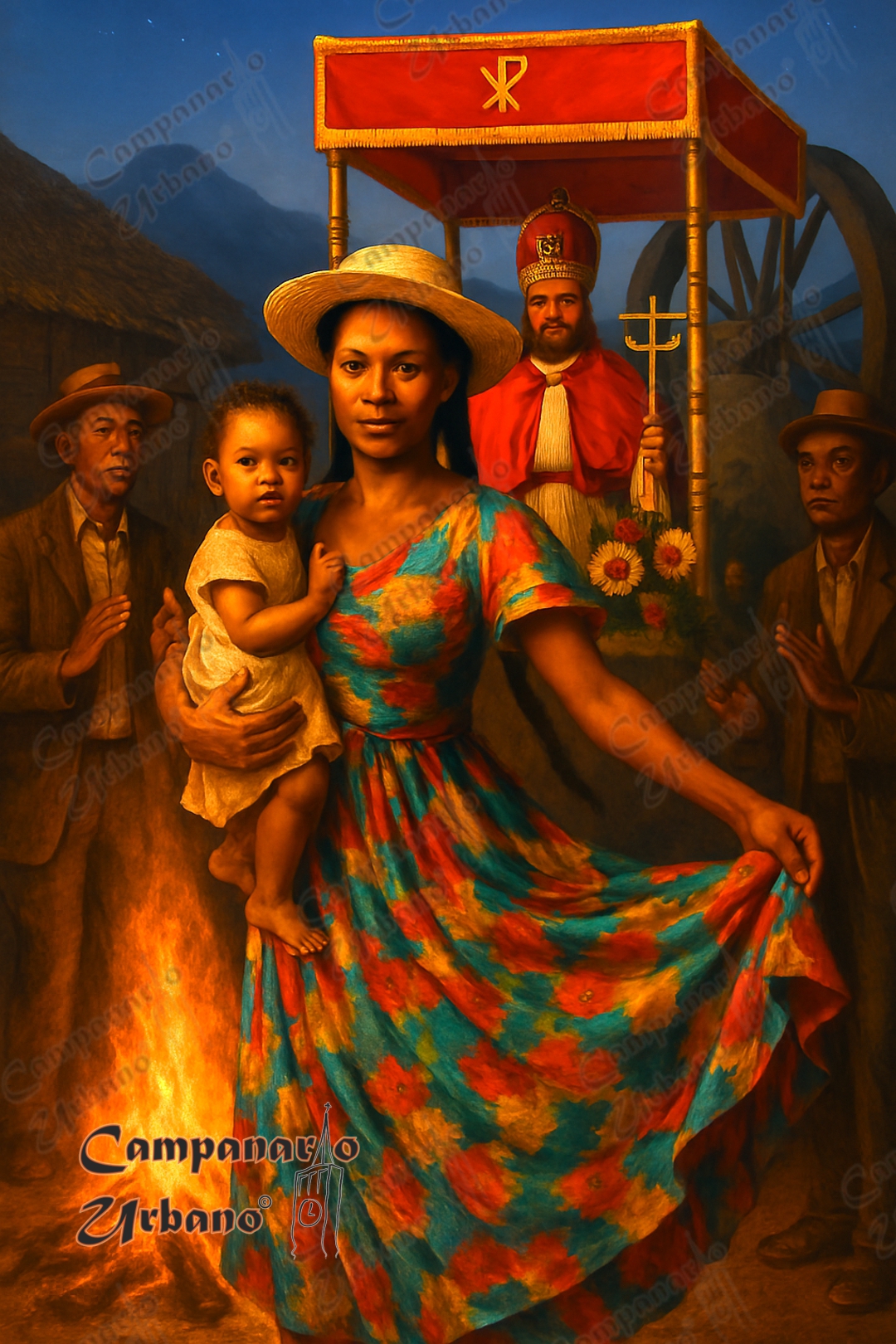 La esclava María Ignacia, danzando con su hija en brazos, en el batuque de los esclavos, honrando su promesa ante la imagen de San Pedro Apóstol. Composición IA.