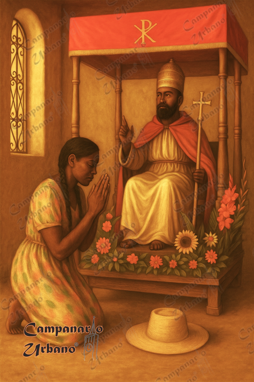 La esclava María Ignacia implorando a San Pedro Apóstol por la sanación de su hija. Composición IA.