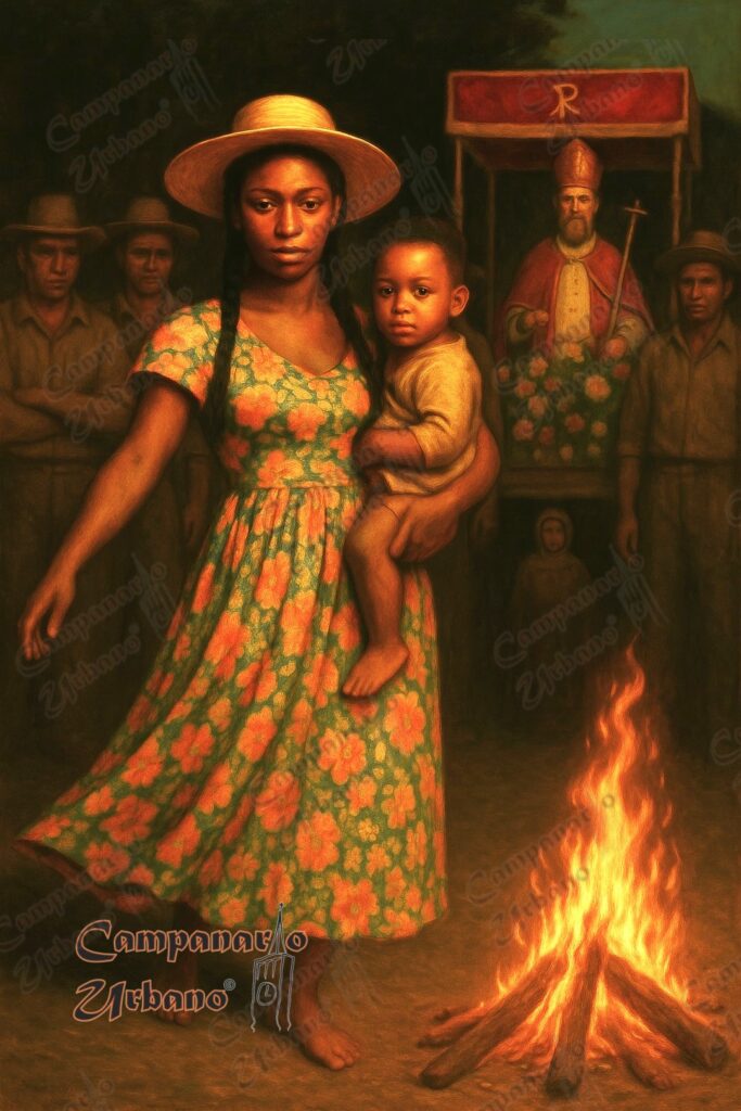 La esclava María Ignacia, danzando con su hija en brazos, en el batuque de los esclavos, honrando su promesa ante la imagen de San Pedro Apóstol. Composición IA.