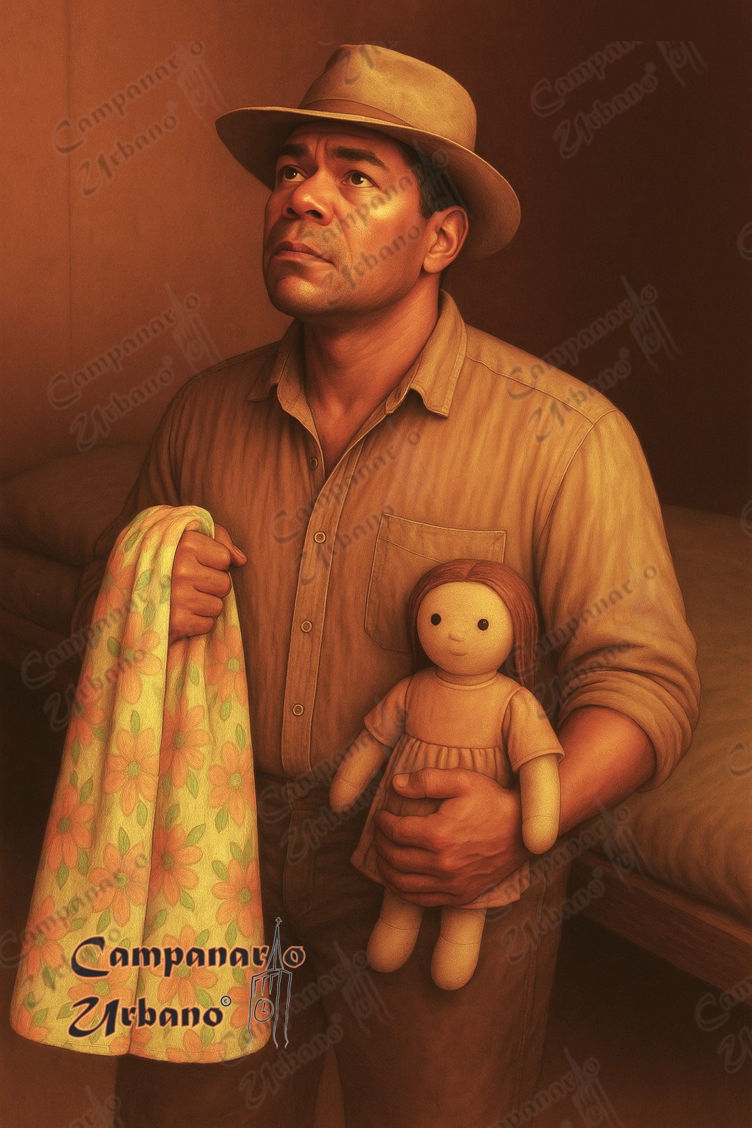 El esposo de María Ignacia asume la promesa de ella, vistiendo sus ropajes y llevando en brazos una muñeca de trapo que representa a su hija. Composición IA.