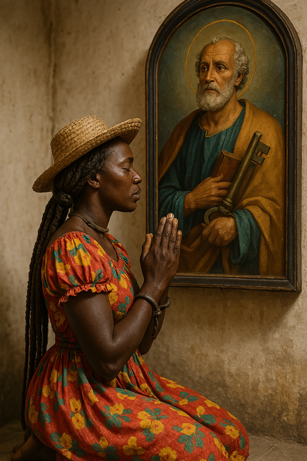 La esclava María Ignacia implorando a San Pedro Apóstol por la sanación de su hija. Imagen generada por IA.