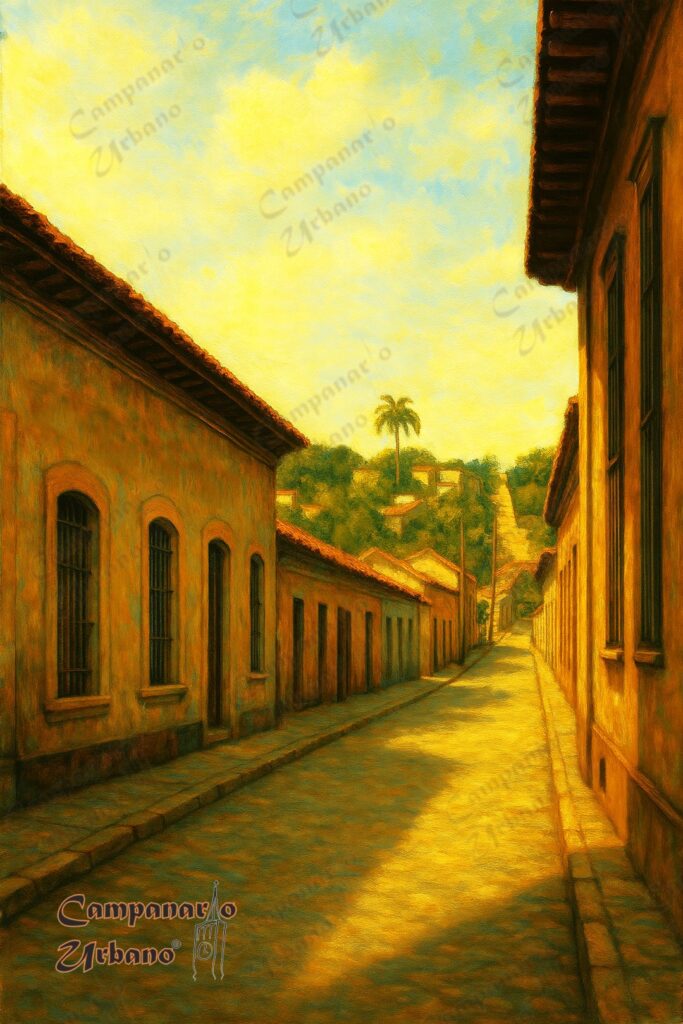 Calle Real de Guarenas desde la Llanada. Al fondo, Bajada Carabobo. Guarenas, año 1868. Composición IA.