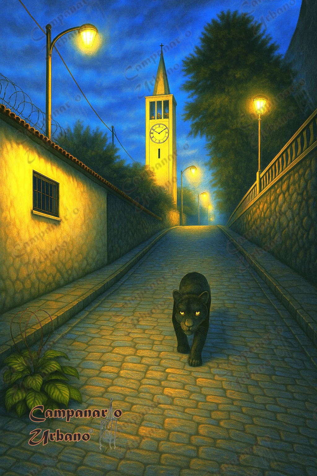 El león de Guarenas, temido felino que acechó a sus pobladores en el año de 1951. ¿Un león? ¿Una pantera? ¿Un cunaguaro? Composición IA de la Bajada Carabobo y torre del campanario de la Catedral Nuestra Señora de Copacabana.