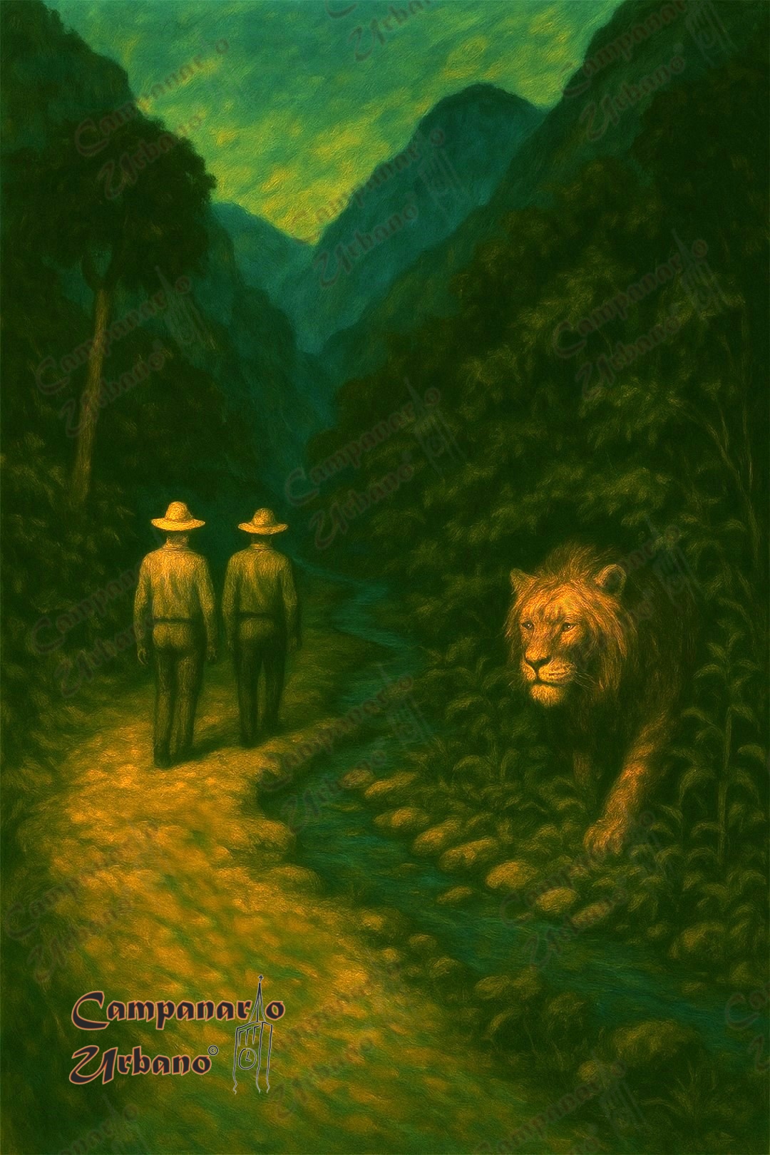 El león de Guarenas acechando en la quebrada de Guacarapa. Leyenda de finales del siglo XIX. Composición IA.