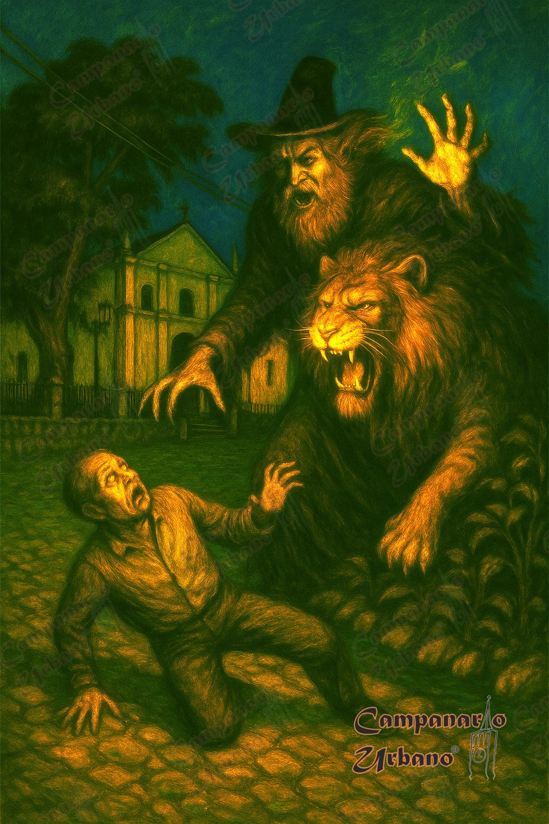 El león de Guarenas acechando en la Plaza la Candelaria. Leyenda de finales del siglo XIX. Composición IA.