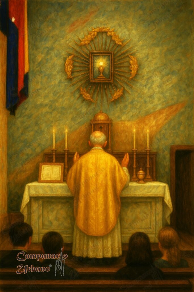 El presbítero Santiago Giménez, mirando al Santísimo mientras oficia la Misa Tridentina en la Iglesia de Nuestra Señora de Copacabana y da la última bendición, Guarenas, año 1868. Composición IA.
