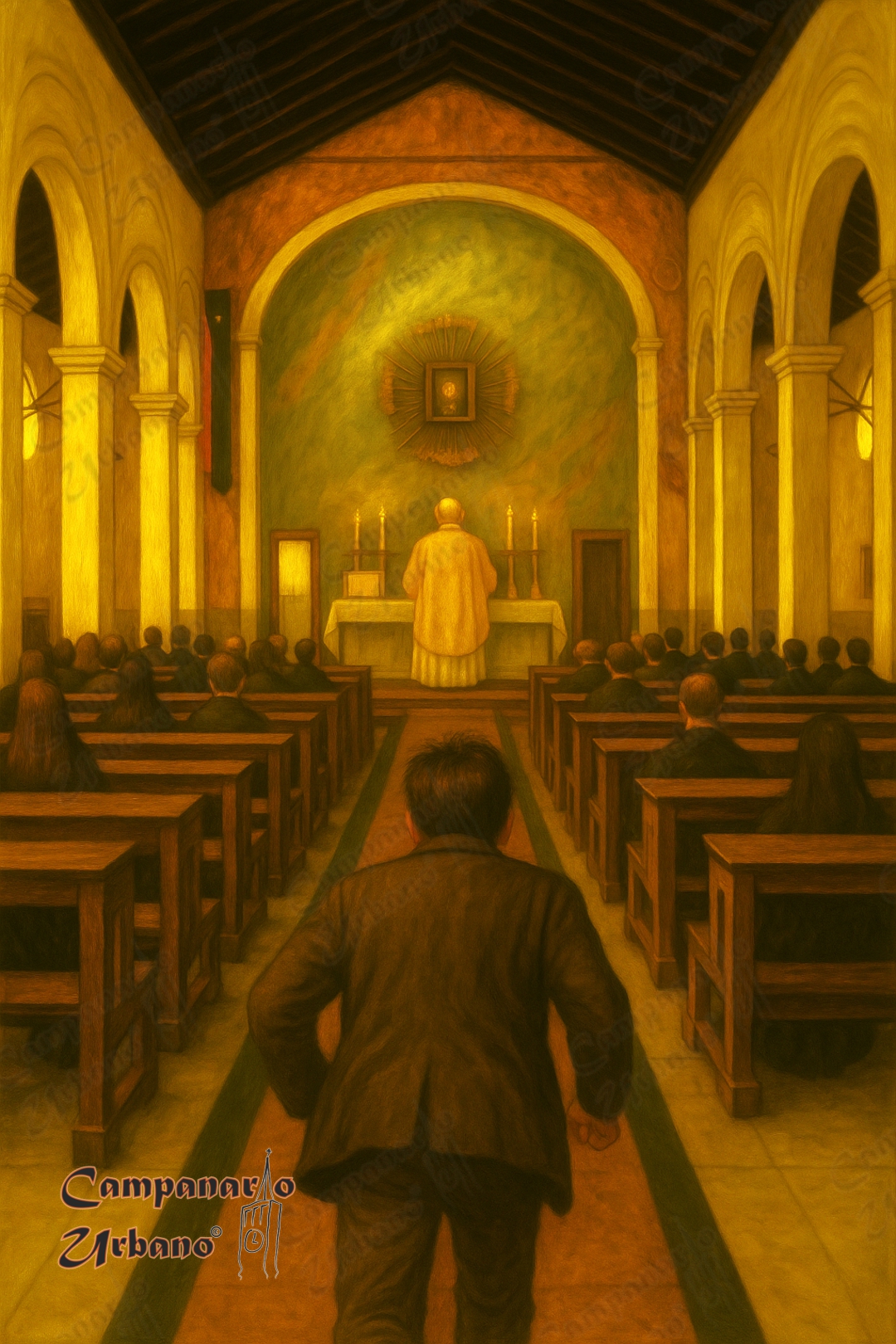 Un orate ingresa a la Iglesia de Nuestra Señora de Copacabana durante la Misa Tridentina que oficia el padre Santiago Giménez, Guarenas, año 1868. Composición IA.