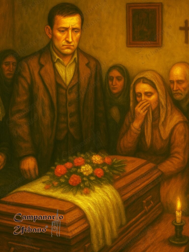 El orate observa el féretro de su madre durante el velatorio. Guarenas, año 1868. Composición IA.