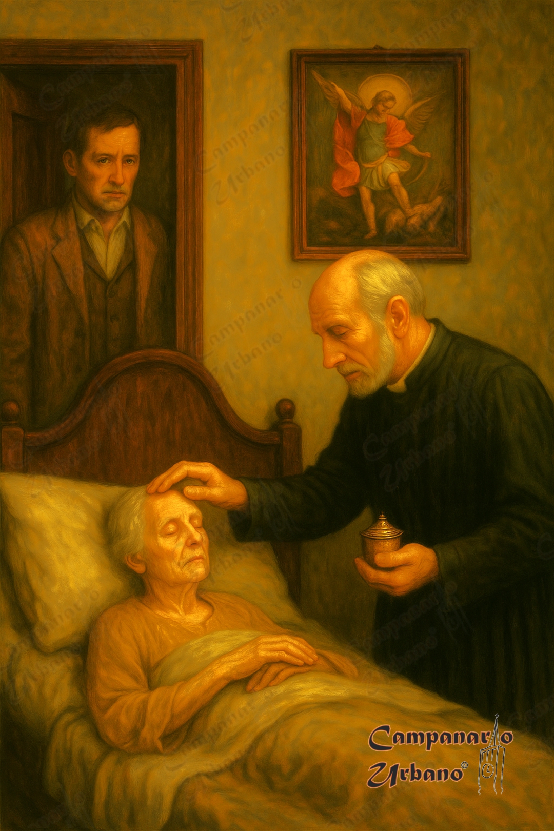 El hijo de la señora moribunda observa contrariado el acto de extremaunción que el padre Santiago Giménez administra a su madre y le da la última bendición. Guarenas, año 1868. Composición IA.