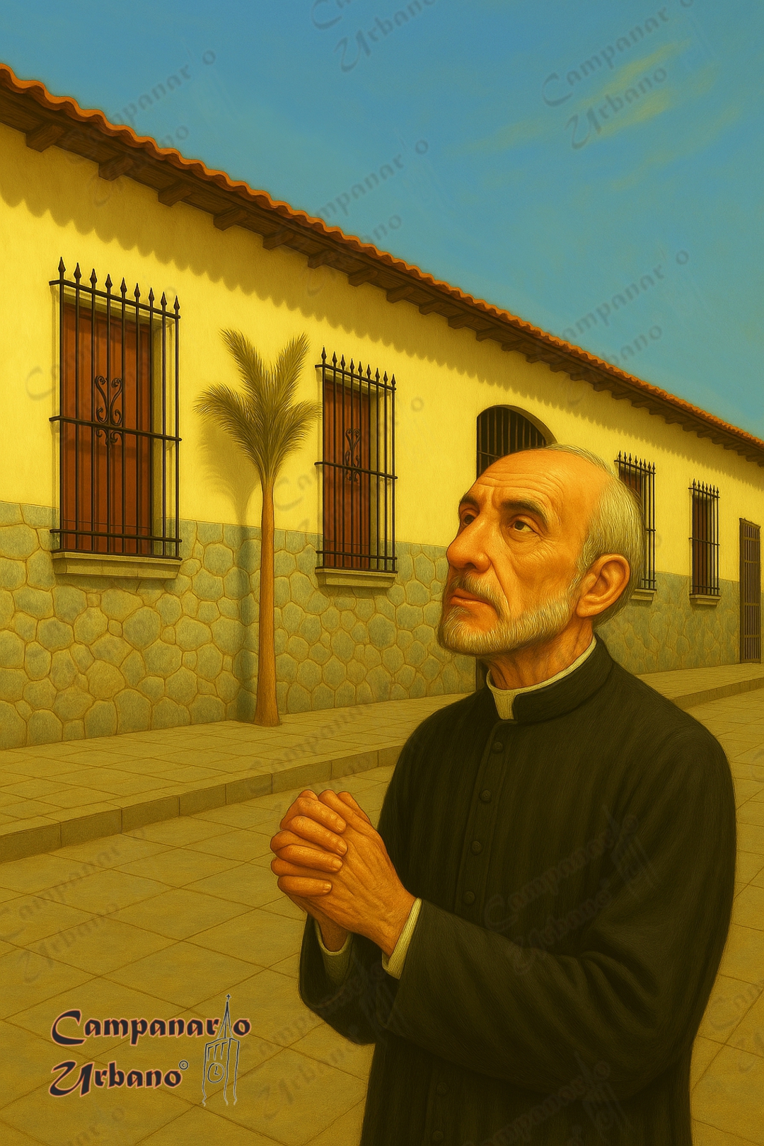 Presbítero Santiago Giménez en la Casa Parroquial de Guarenas, año 1868. Composición IA.
