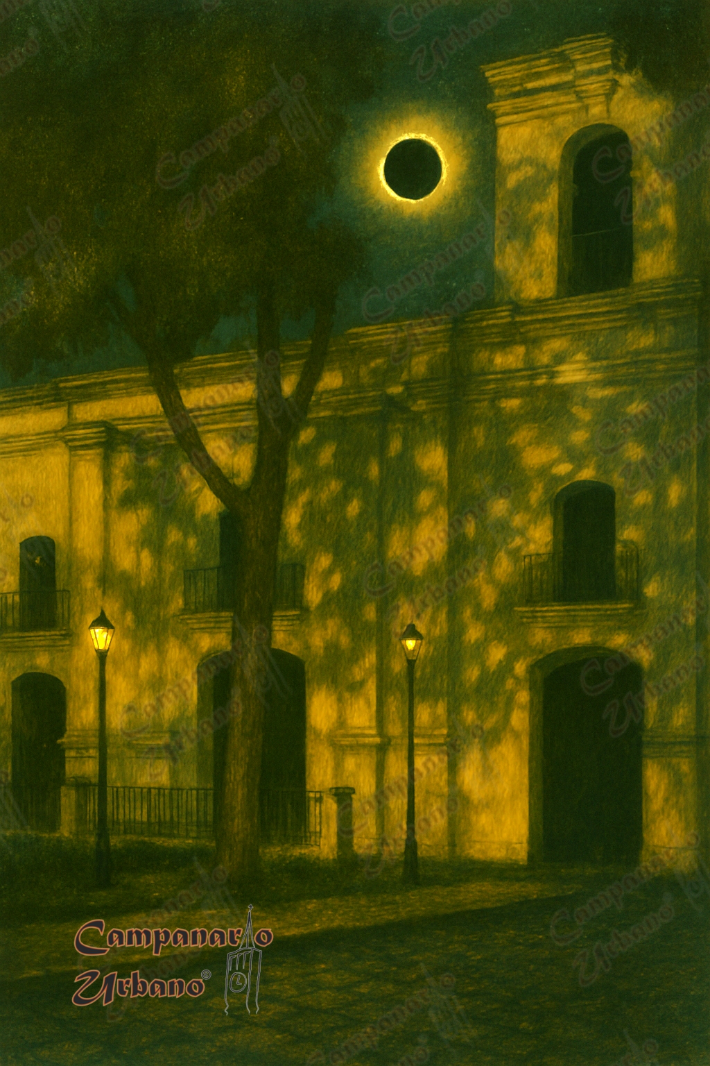 Un eclipse sobre Guarenas. Iglesia de Nuestra Señora de Copacabana, 3 de febrero de 1916. Composición IA.