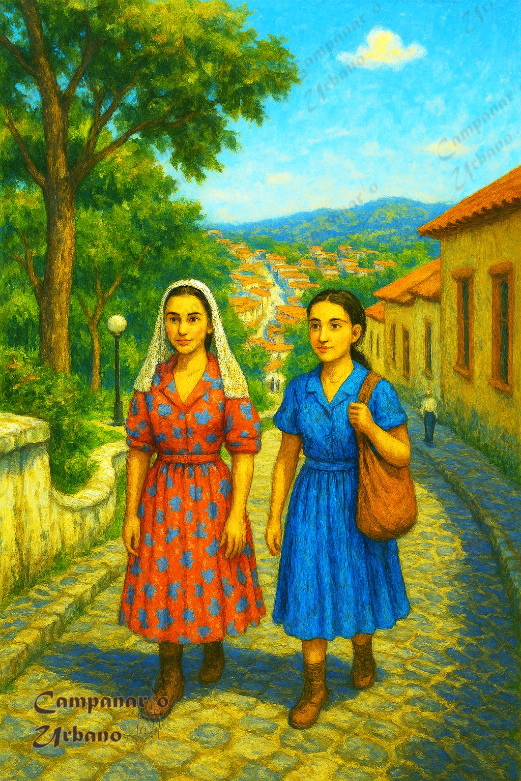Isabel María Álvarez Pino y su hermana Rosa Amelia. Bajada Carabobo en el Cerro de Piedras de Guarenas, año 1916. Imagen IA.