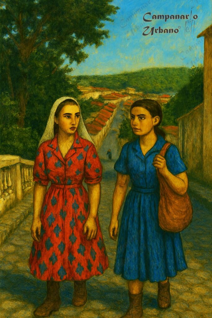 Isabel María Álvarez Pino y su hermana Rosa Amelia. Bajada Carabobo en el Cerro de Piedras de Guarenas, año 1916. Imagen IA.