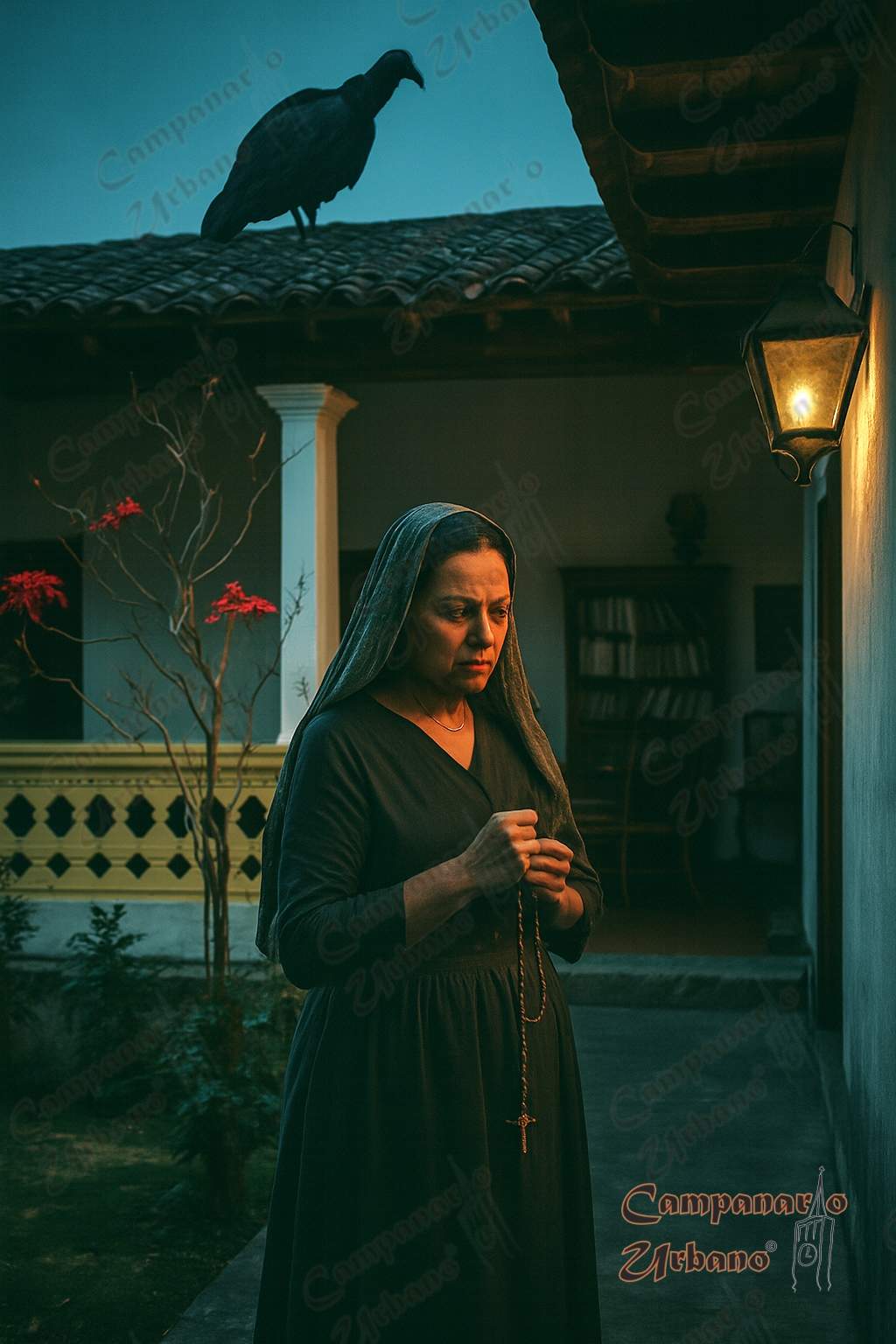 Leyenda de la bruja transformada en zamuro, fisgoneando en casa ajena. Composición IA.