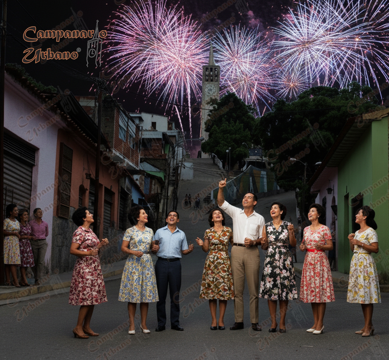Año nuevo en la Guarenas de antaño, Iglesia de Nuestra Señora de Copacabana, década 1950. Composición IA.
