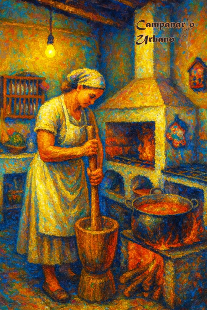 Pilando maíz. Composición IA.