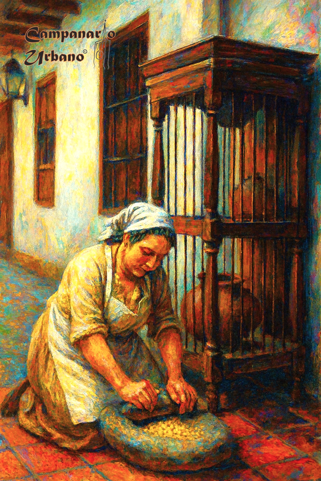 Triturando el grano de maíz pilado para hacer la masa de hallacas. Composición IA.